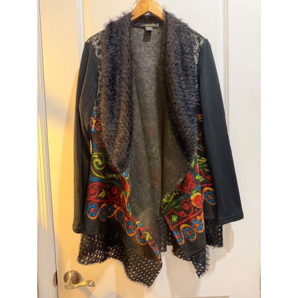 Radzoli Black Multi Color Sparkly Eyelash Knit Open Front Cardigan XL Paisley